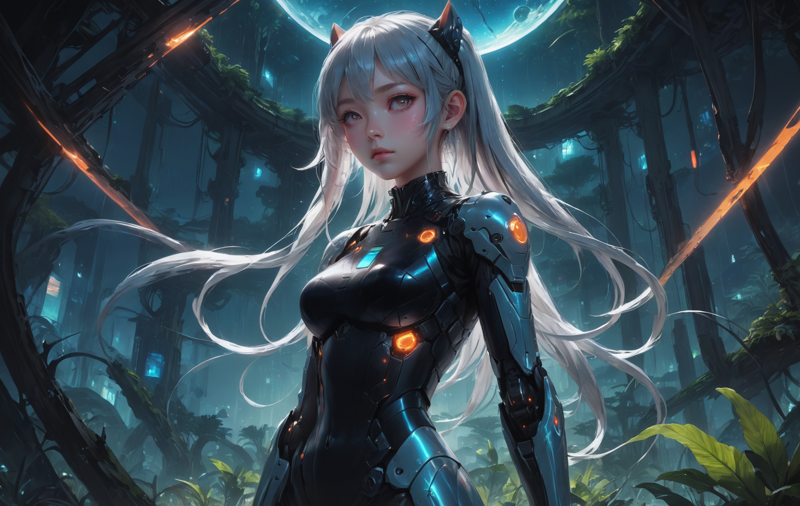 31074843-1136711378-anime style, 1girl, blunt bangs, high ponytail, silver hair, pointy ears, in the depths of a bioluminescent alien jungle, [evang.png